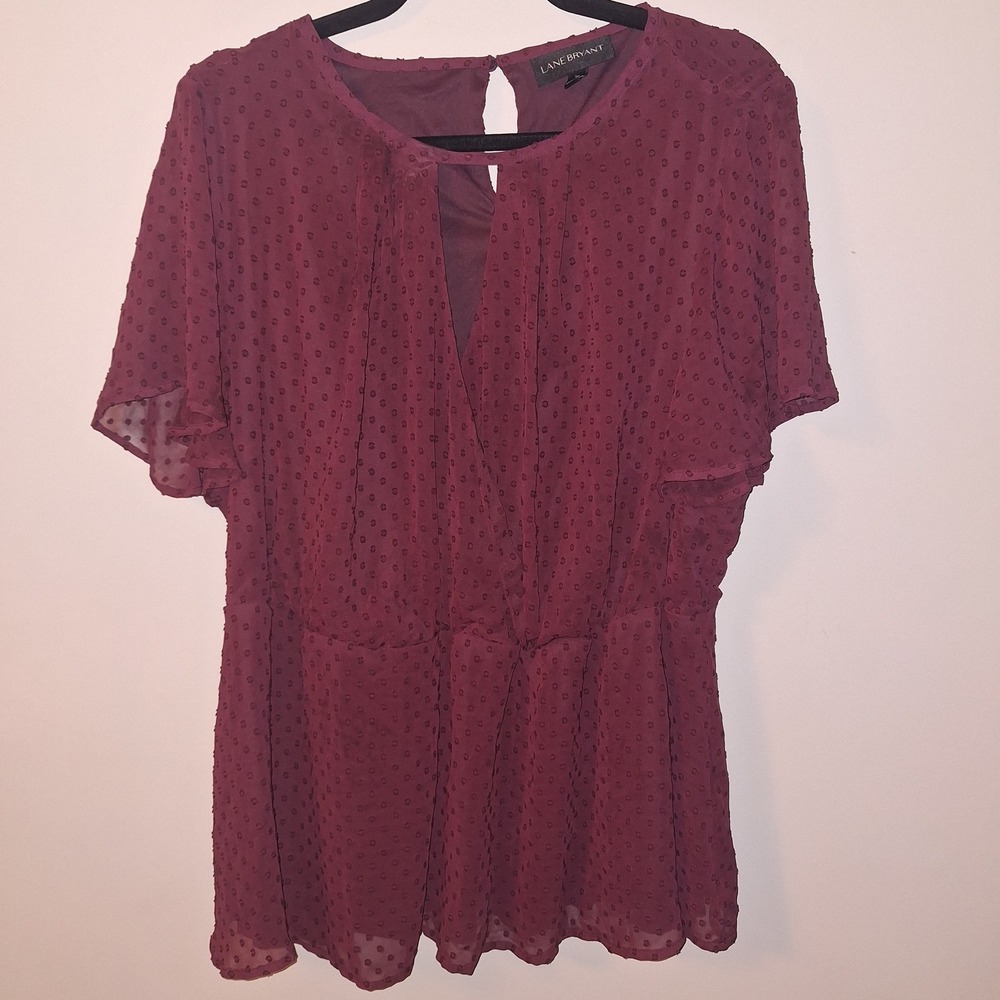 Lane Bryant Burgundy Peplum Blouse Textured Dots Flutter Sleeve Size 20